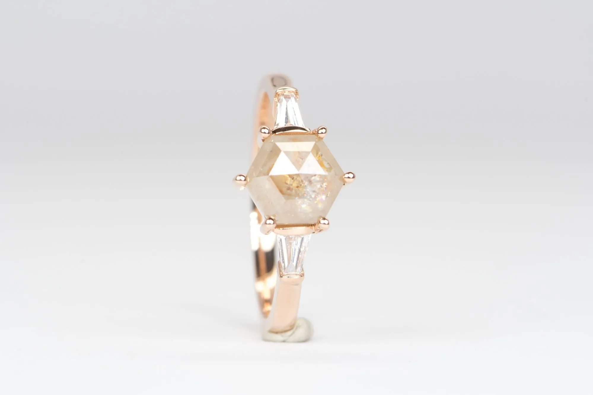 1.52ct Hexagon Salt and Pepper Diamond with Baguette Sides 14K Rose Gold Engagement Ring R6161