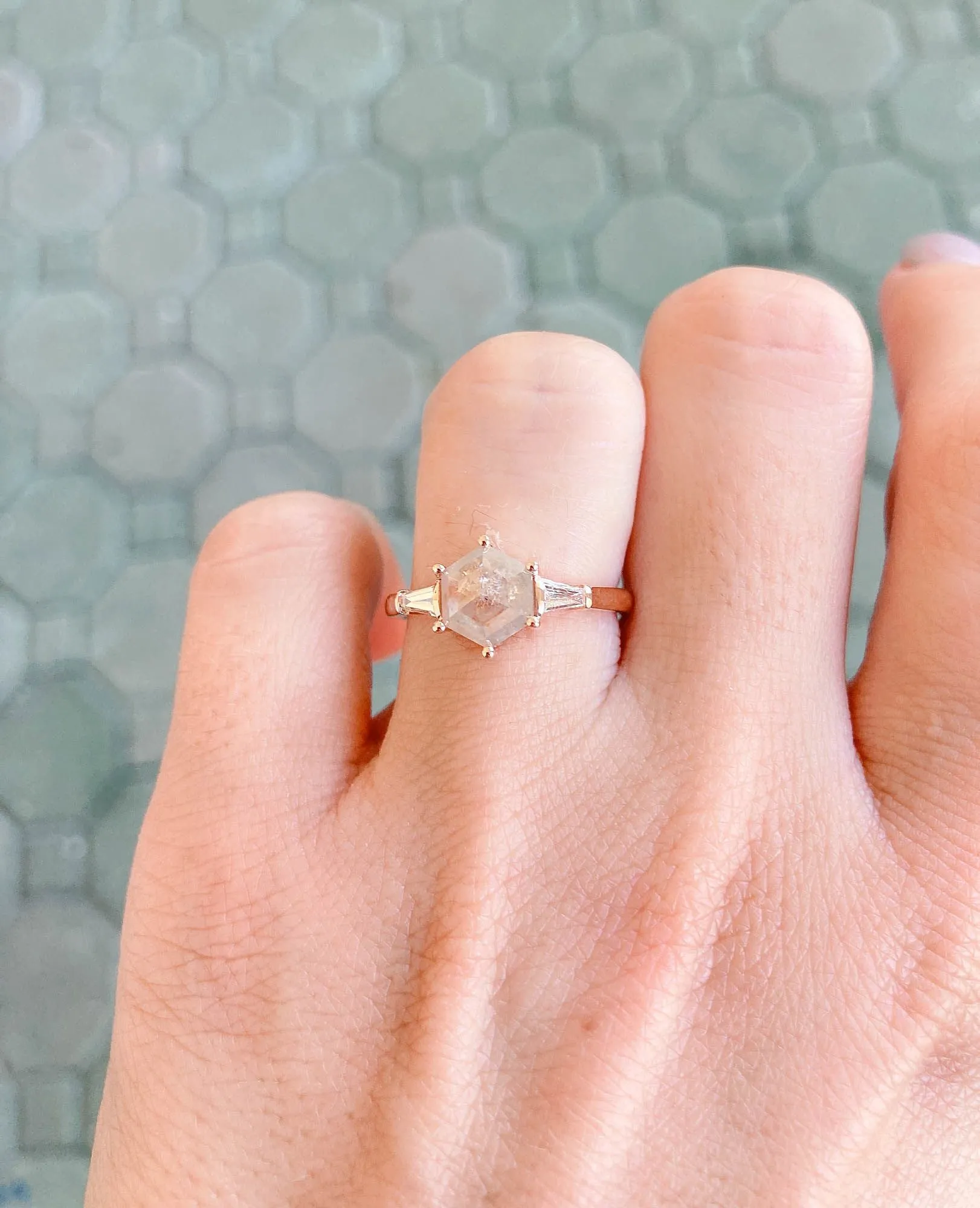 1.52ct Hexagon Salt and Pepper Diamond with Baguette Sides 14K Rose Gold Engagement Ring R6161