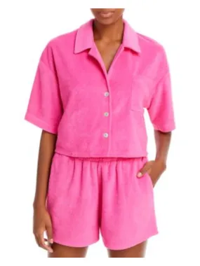 AQUA SWIM Women's Pink Stretch Button Down Collared Cropped Pocketed Swimsuit Cover Up