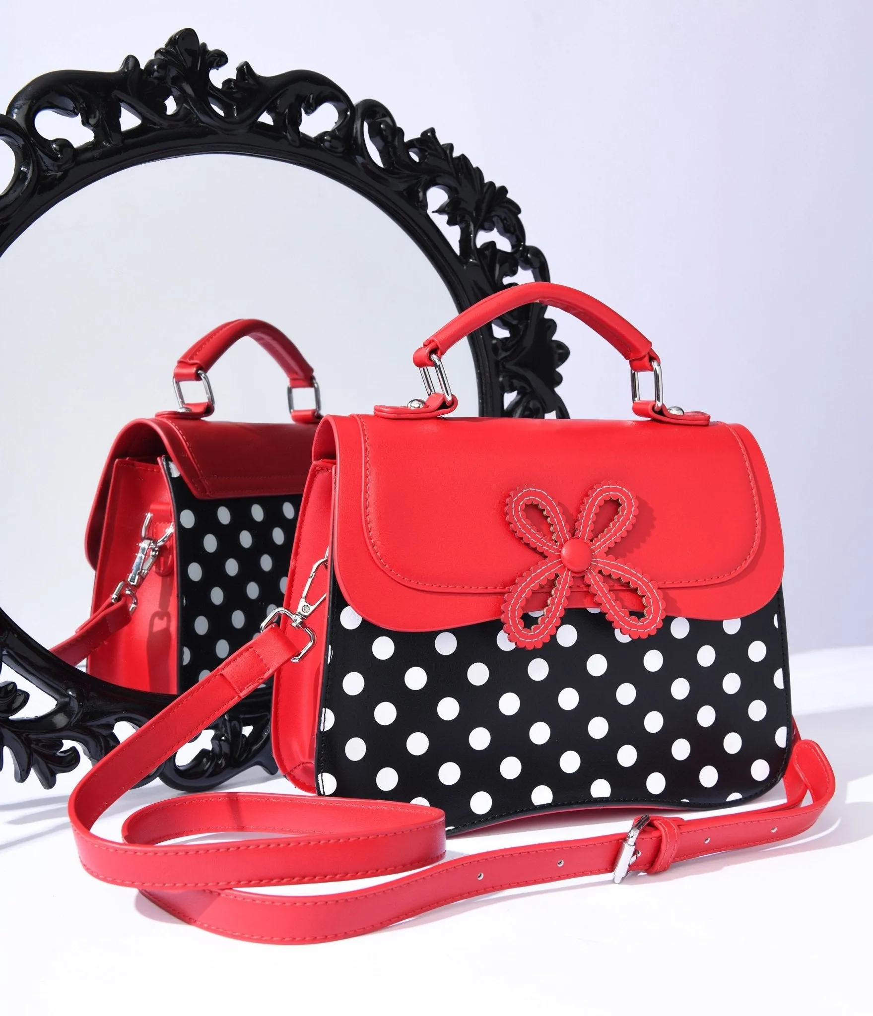 Black & White Dot & Red Accented Leatherette Handbag