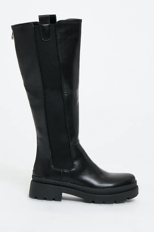 Black PU Leather Knee High Boots - Temi