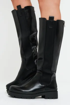 Black PU Leather Knee High Boots - Temi