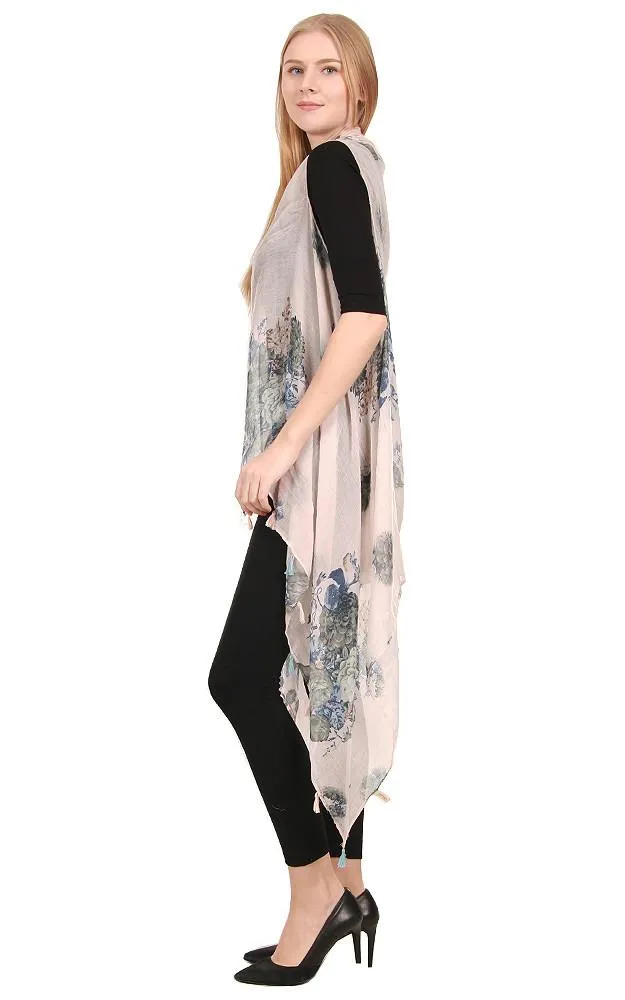 [BOGO] ZAV20201 Floral Print Acrylic Long Scarf Vest