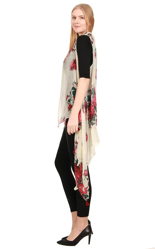 [BOGO] ZAV20201 Floral Print Acrylic Long Scarf Vest