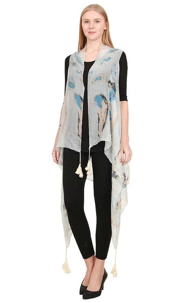 [BOGO] ZAV20215 Feather Print Acrylic Long Scarf Vest