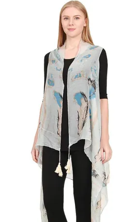 [BOGO] ZAV20215 Feather Print Acrylic Long Scarf Vest