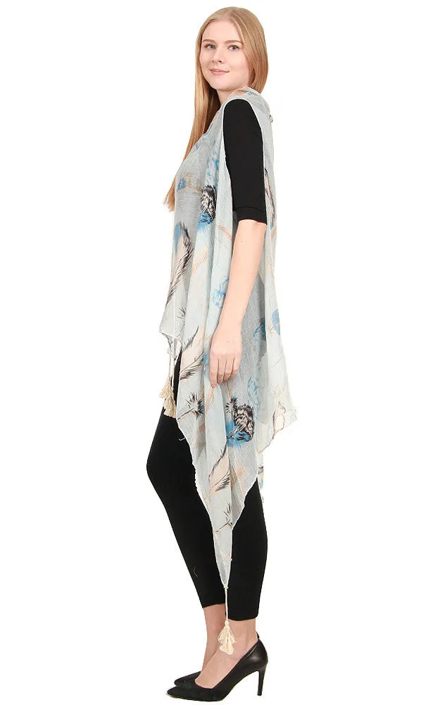 [BOGO] ZAV20215 Feather Print Acrylic Long Scarf Vest