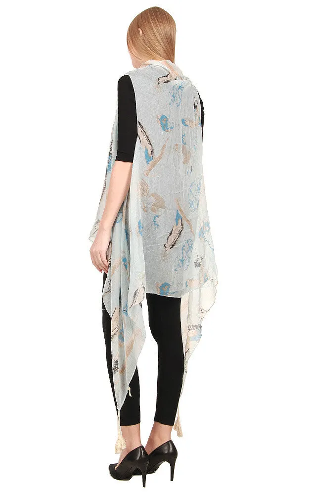 [BOGO] ZAV20215 Feather Print Acrylic Long Scarf Vest