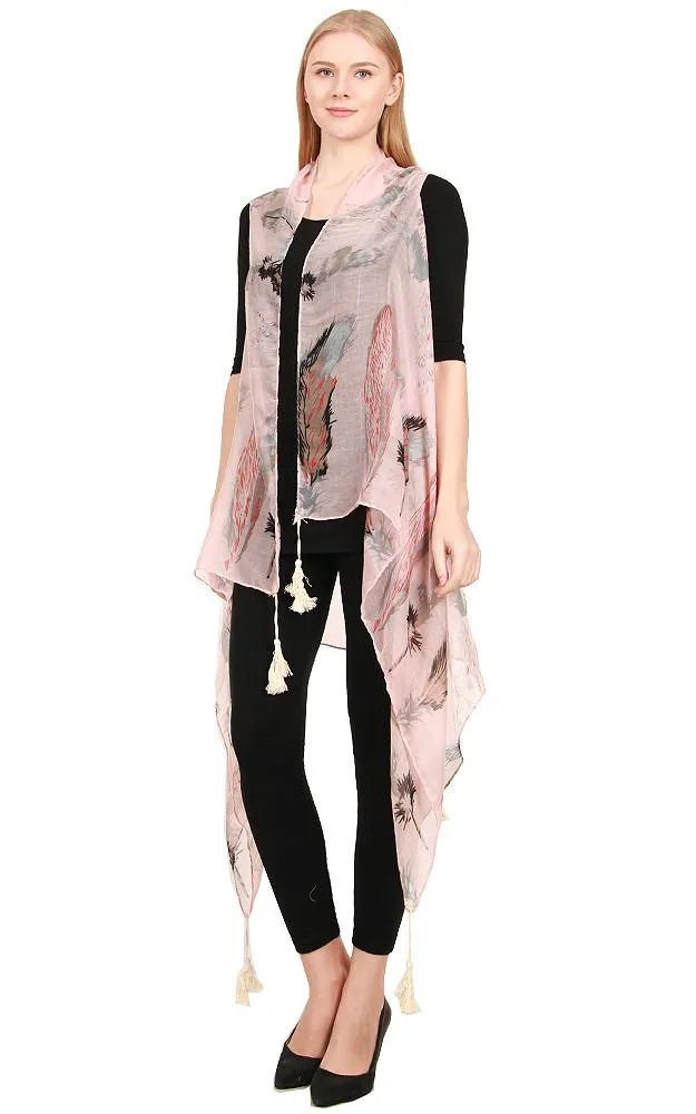 [BOGO] ZAV20215 Feather Print Acrylic Long Scarf Vest