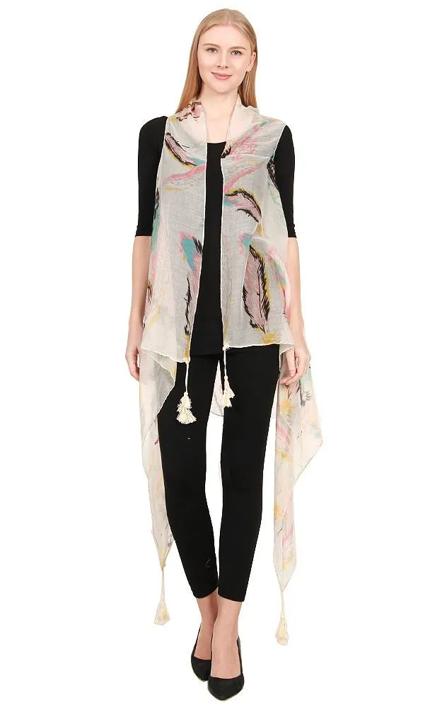 [BOGO] ZAV20215 Feather Print Acrylic Long Scarf Vest