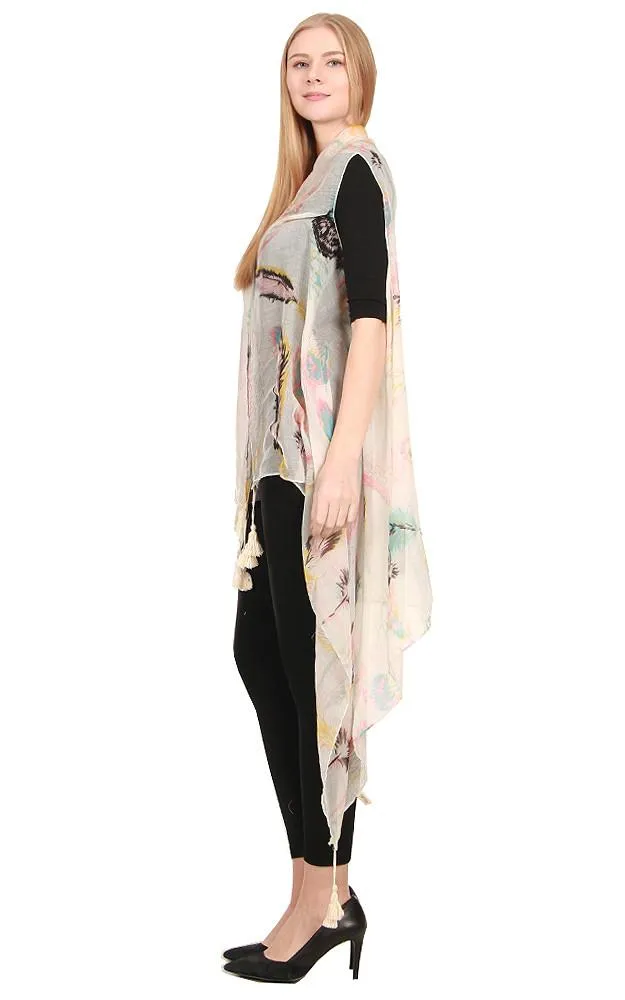 [BOGO] ZAV20215 Feather Print Acrylic Long Scarf Vest