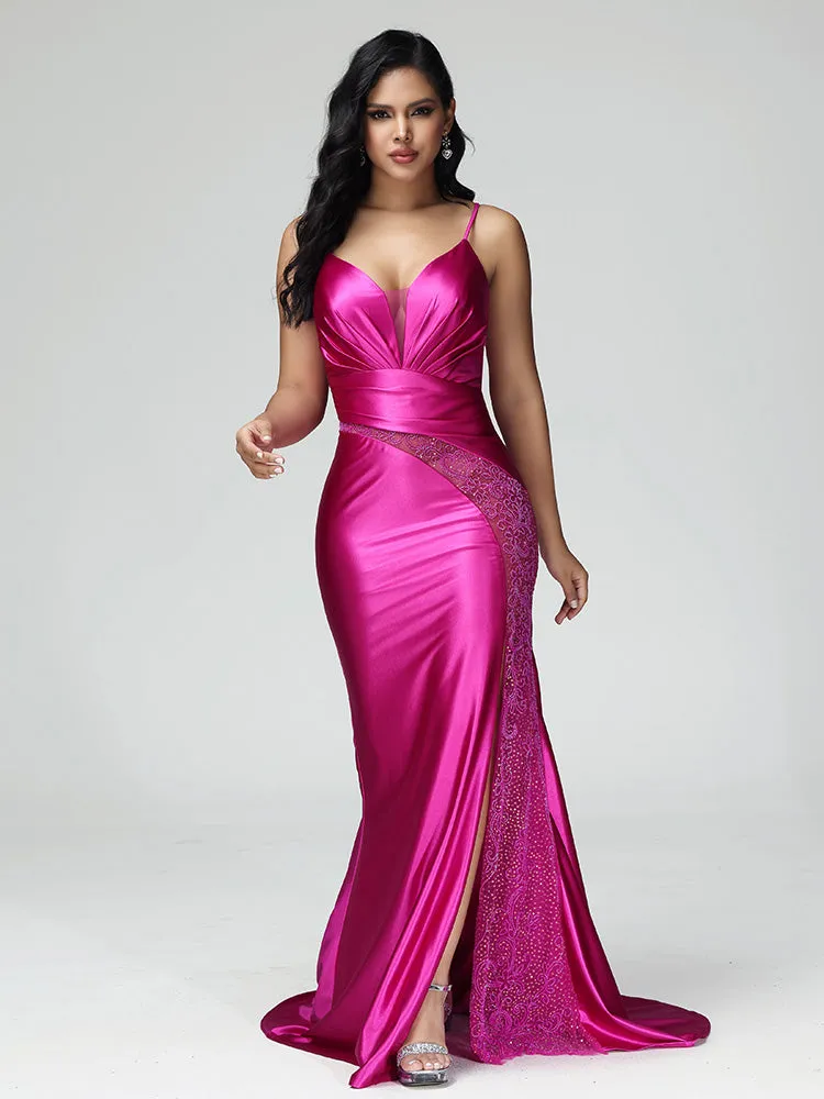 Cache Cœur Robe de soirée Satin Stretch Plissé avec Traîne de Balayage en FUCHSIA