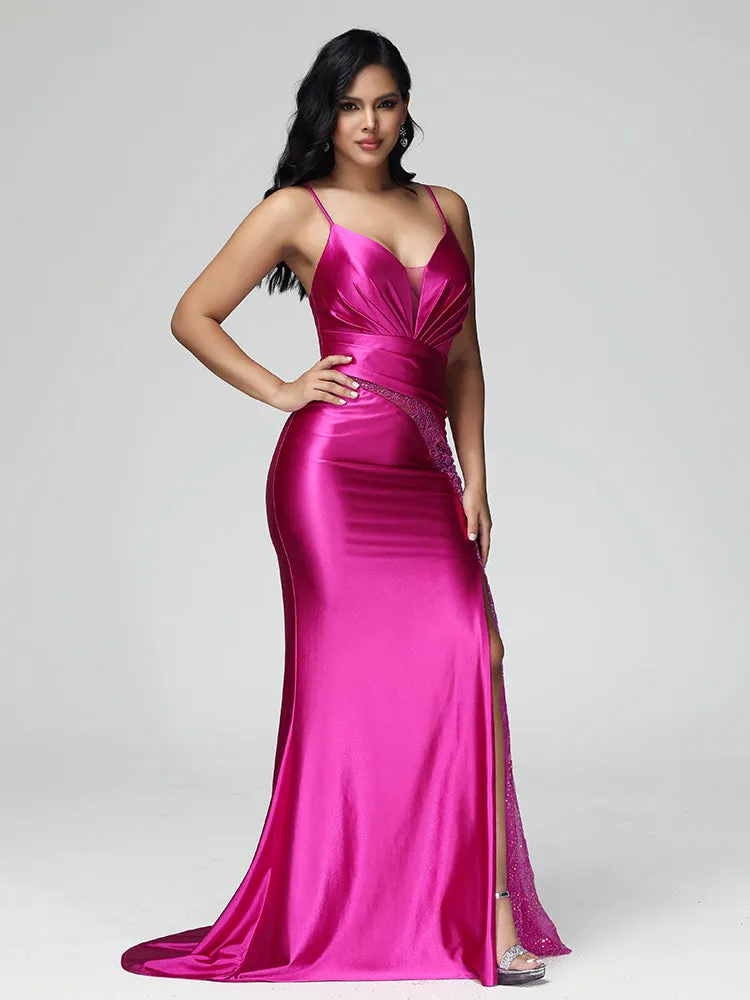 Cache Cœur Robe de soirée Satin Stretch Plissé avec Traîne de Balayage en FUCHSIA