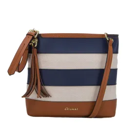 Cancun Striped Canvas Crossbody Handbag - Tan & Navy