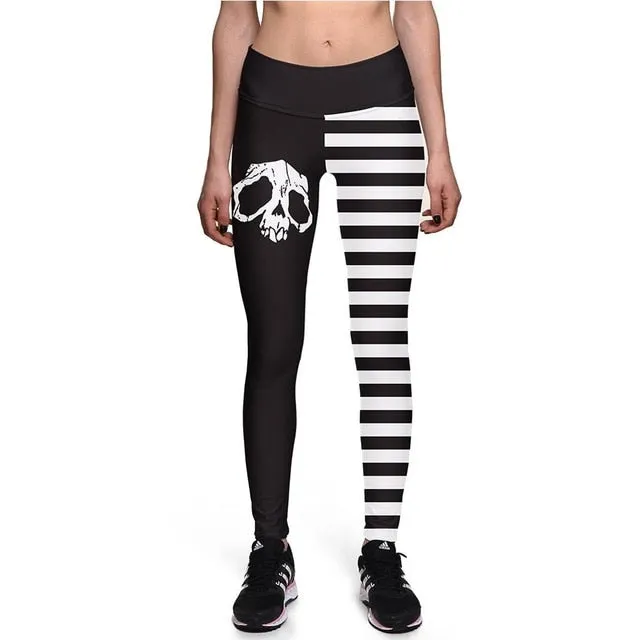 Casual Women Leggings Fitness Mid Waist Elastic Push Up Skull Print Striped Patchwork Ankle Length Polyester Leggings