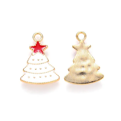 Charms, Christmas Tree With Star, Single-Sided, White, Red, Enameled, Light Gold Plated, Alloy, 22mm