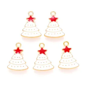 Charms, Christmas Tree With Star, Single-Sided, White, Red, Enameled, Light Gold Plated, Alloy, 22mm