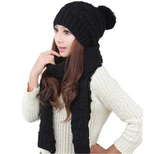 Classic foulard Women Warm Woolen Knit Scarf Shawl Hats Suit European and American popular Sweet Girl