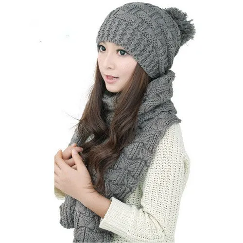 Classic foulard Women Warm Woolen Knit Scarf Shawl Hats Suit European and American popular Sweet Girl