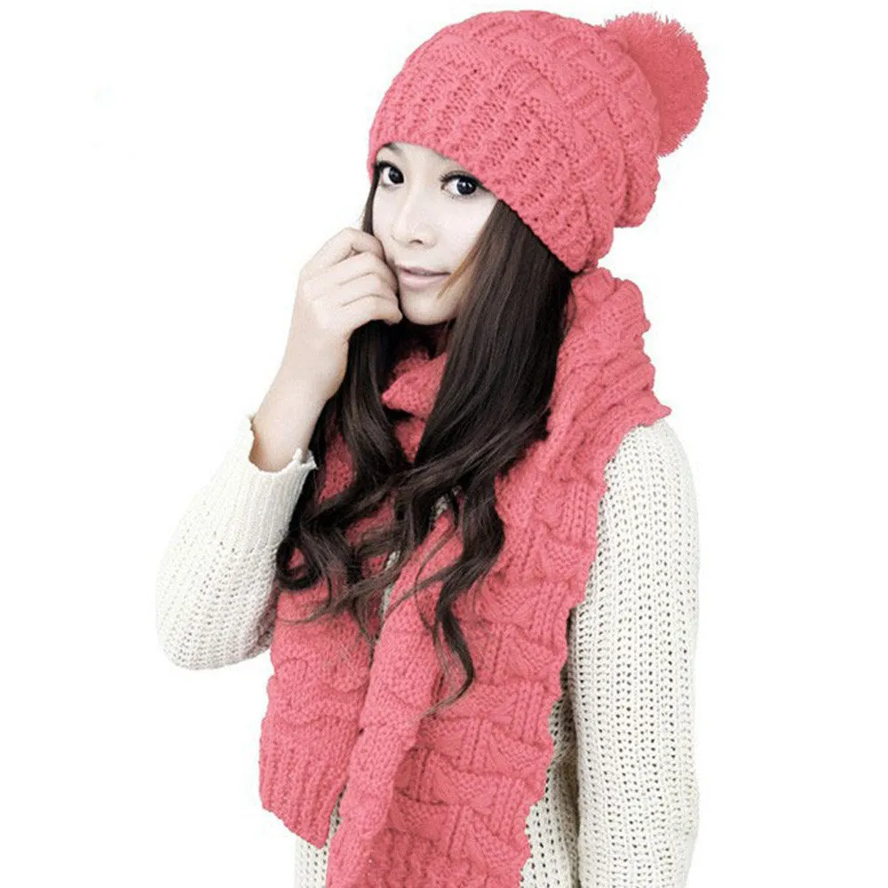 Classic foulard Women Warm Woolen Knit Scarf Shawl Hats Suit European and American popular Sweet Girl