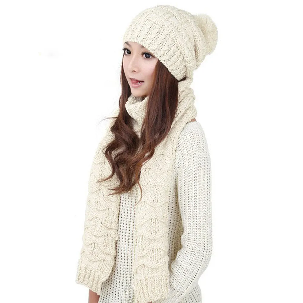 Classic foulard Women Warm Woolen Knit Scarf Shawl Hats Suit European and American popular Sweet Girl