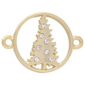 Connector Link, Christmas Tree Round Horizontal 20x24mm, Gold Tone with Crystal Accent (1 Piece)