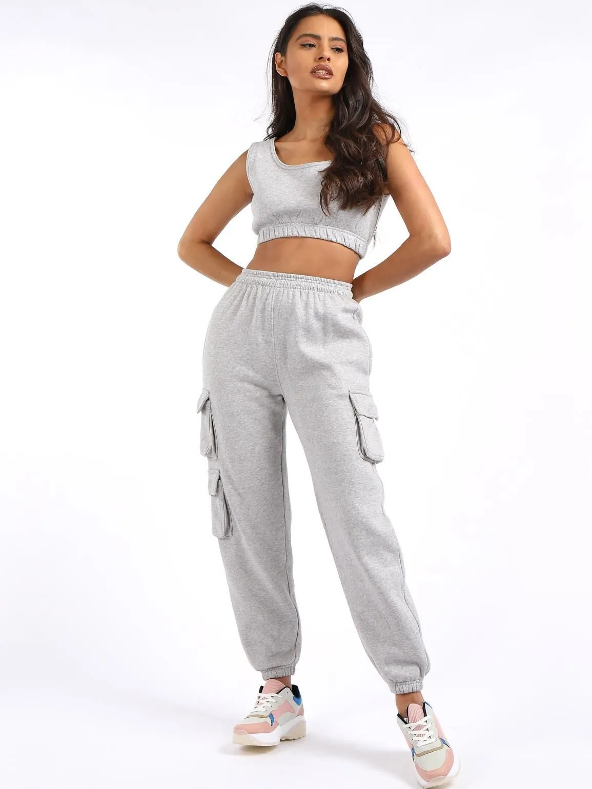 Crop Vest 2 piece loungewear tracksuit, Black, Grey, UK Sizes 6 to 14