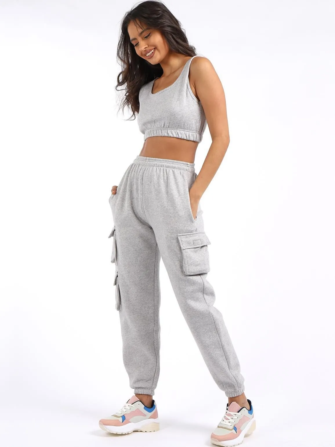 Crop Vest 2 piece loungewear tracksuit, Black, Grey, UK Sizes 6 to 14