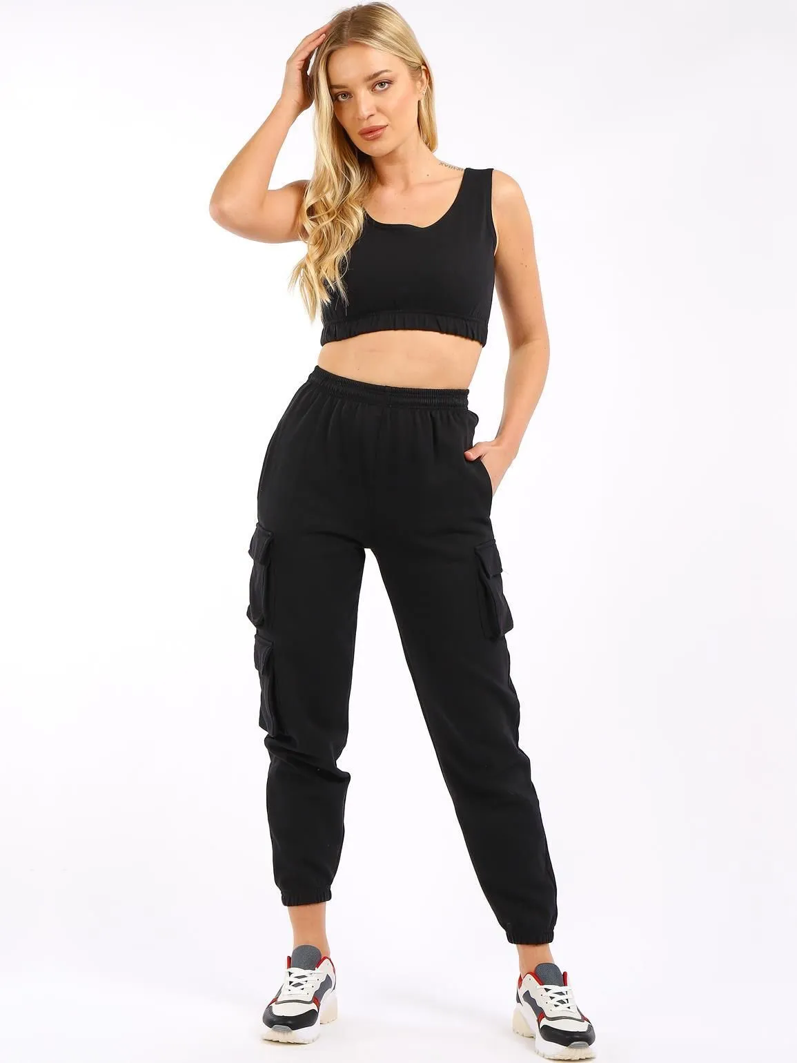 Crop Vest 2 piece loungewear tracksuit, Black, Grey, UK Sizes 6 to 14