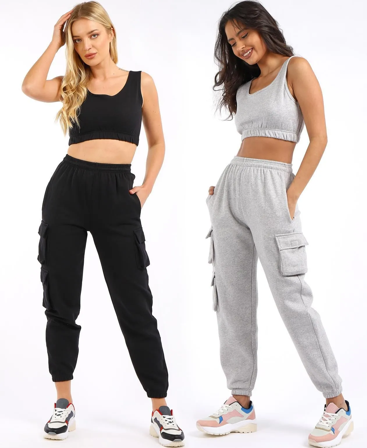 Crop Vest 2 piece loungewear tracksuit, Black, Grey, UK Sizes 6 to 14