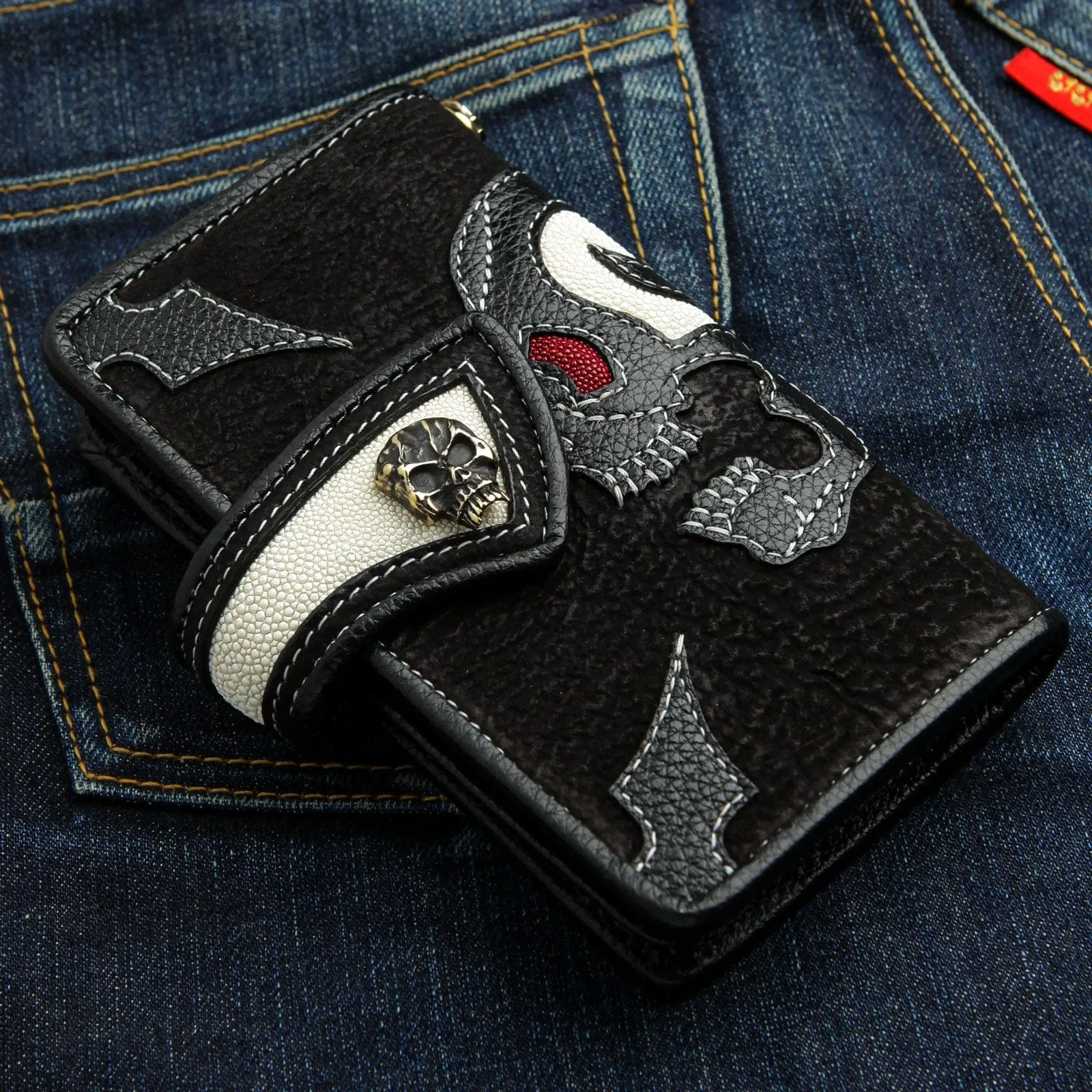 Custom Genuine Leather Harley Motorcycle Skull Biker Wallet