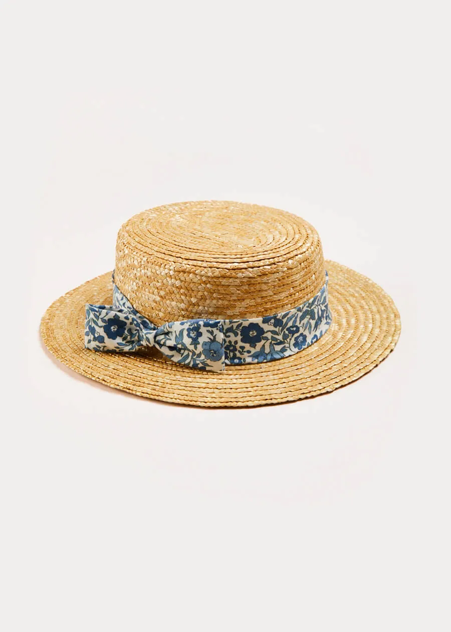 Daphne Floral Print Bow Detail Straw Hat in Blue (XS-M)