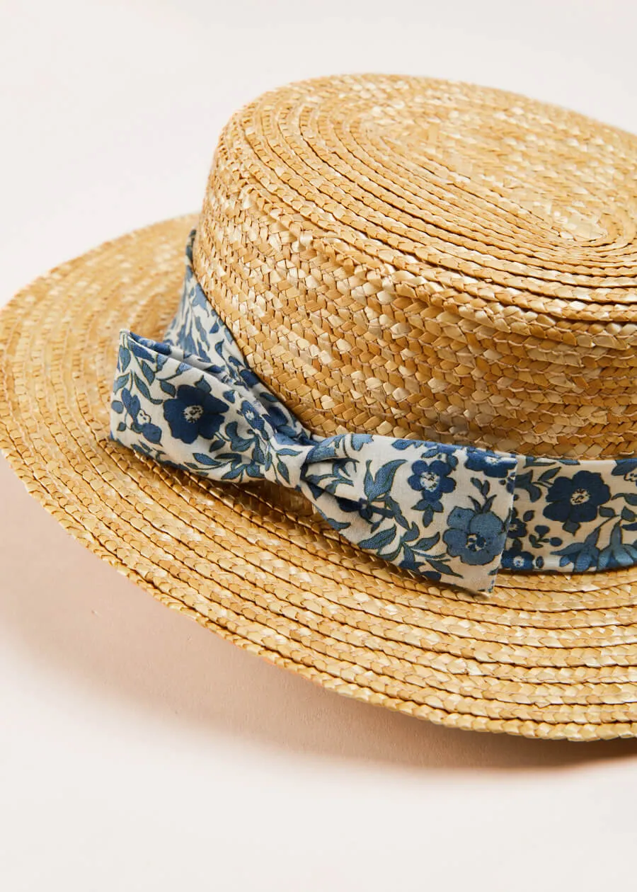 Daphne Floral Print Bow Detail Straw Hat in Blue (XS-M)