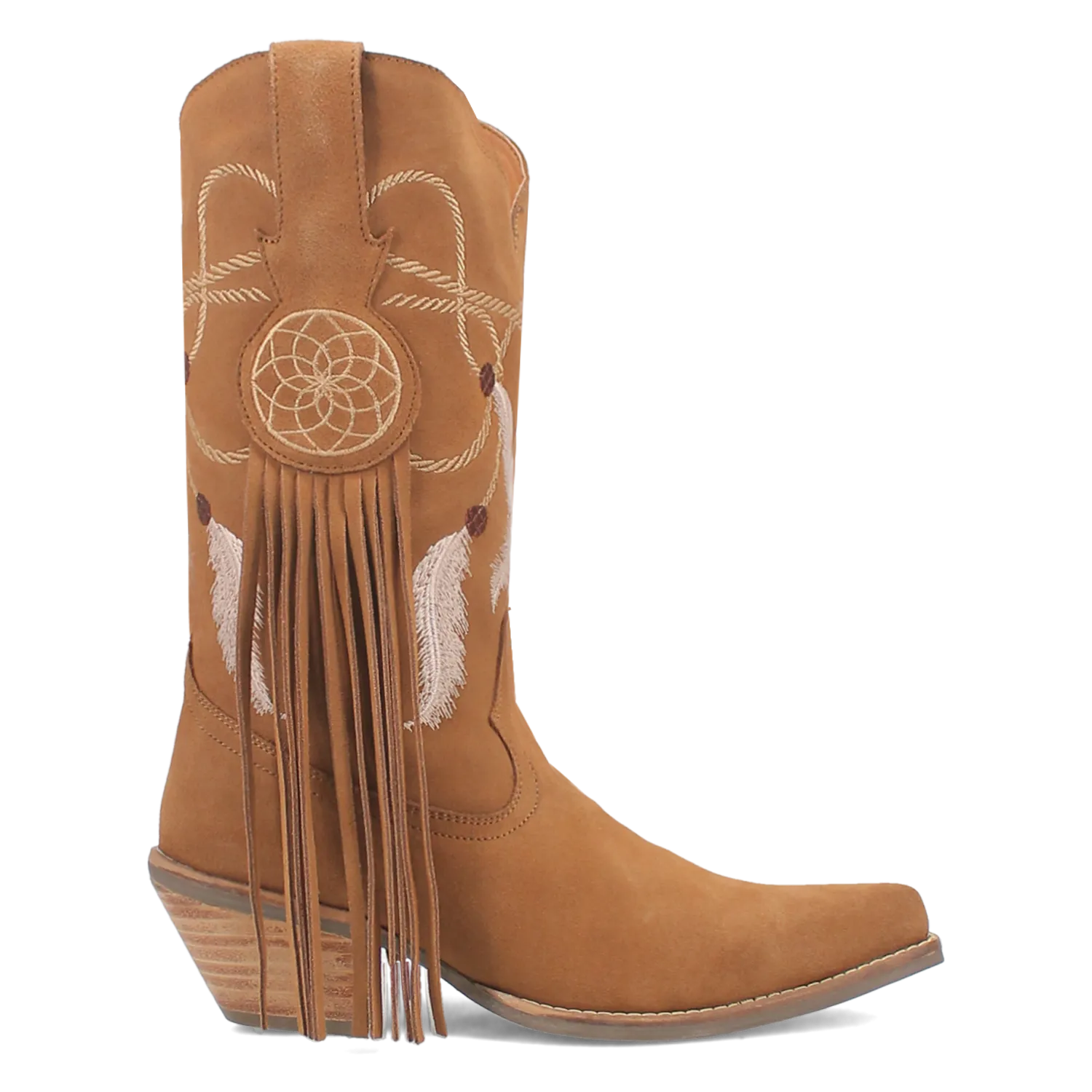 Day Dream Camel Suede Embroidered Dreamcatcher Fringe Booties (DS)