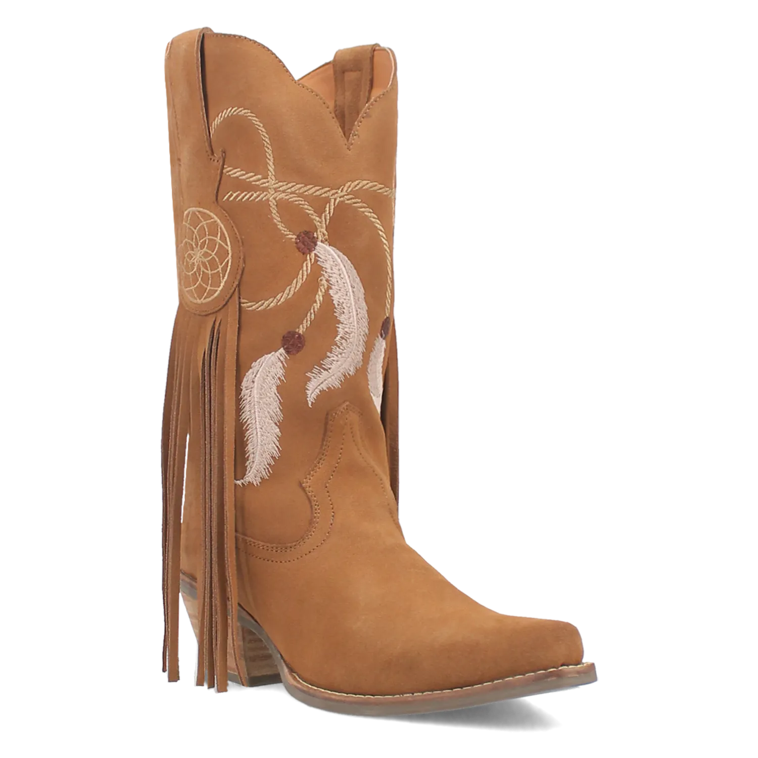 Day Dream Camel Suede Embroidered Dreamcatcher Fringe Booties (DS)