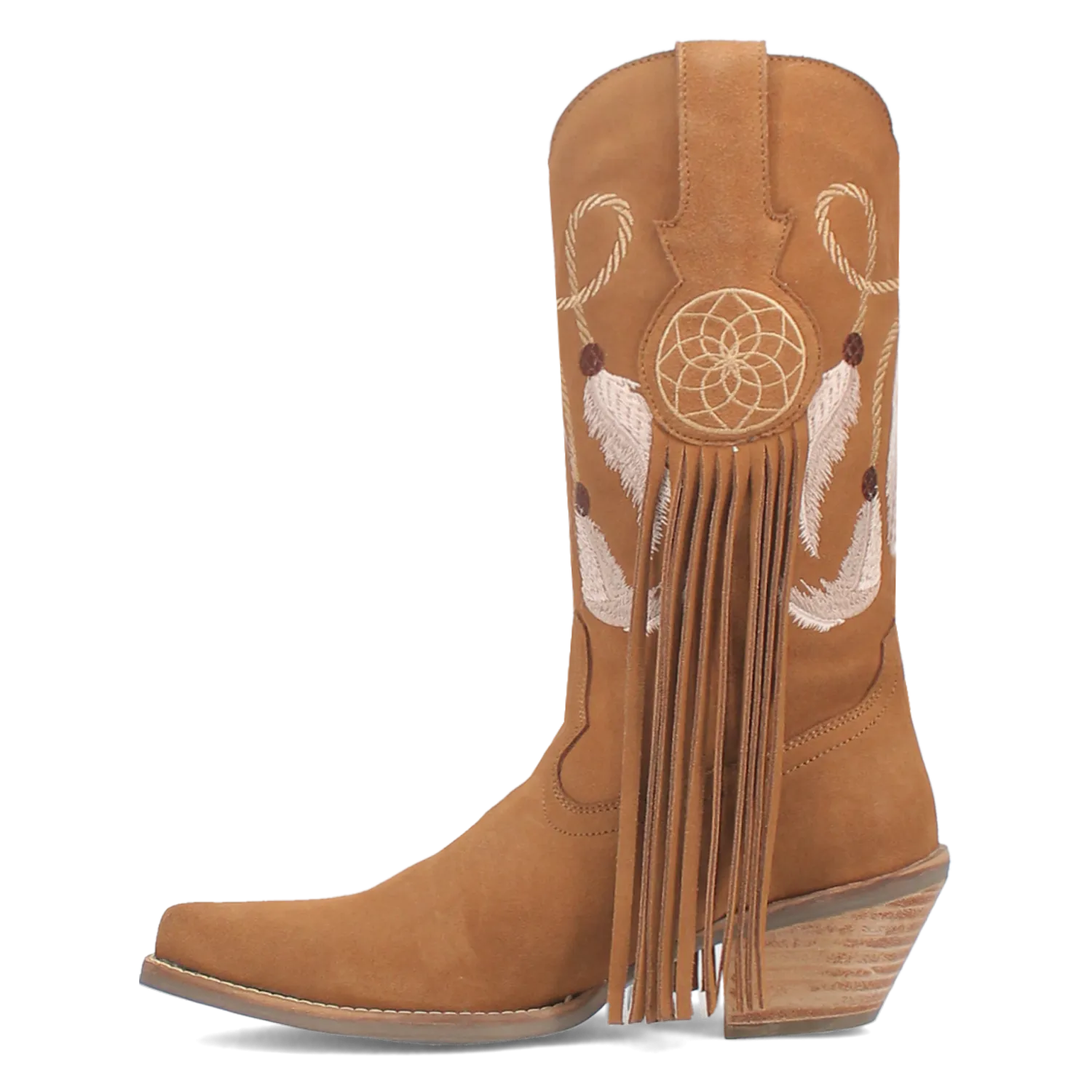 Day Dream Camel Suede Embroidered Dreamcatcher Fringe Booties (DS)