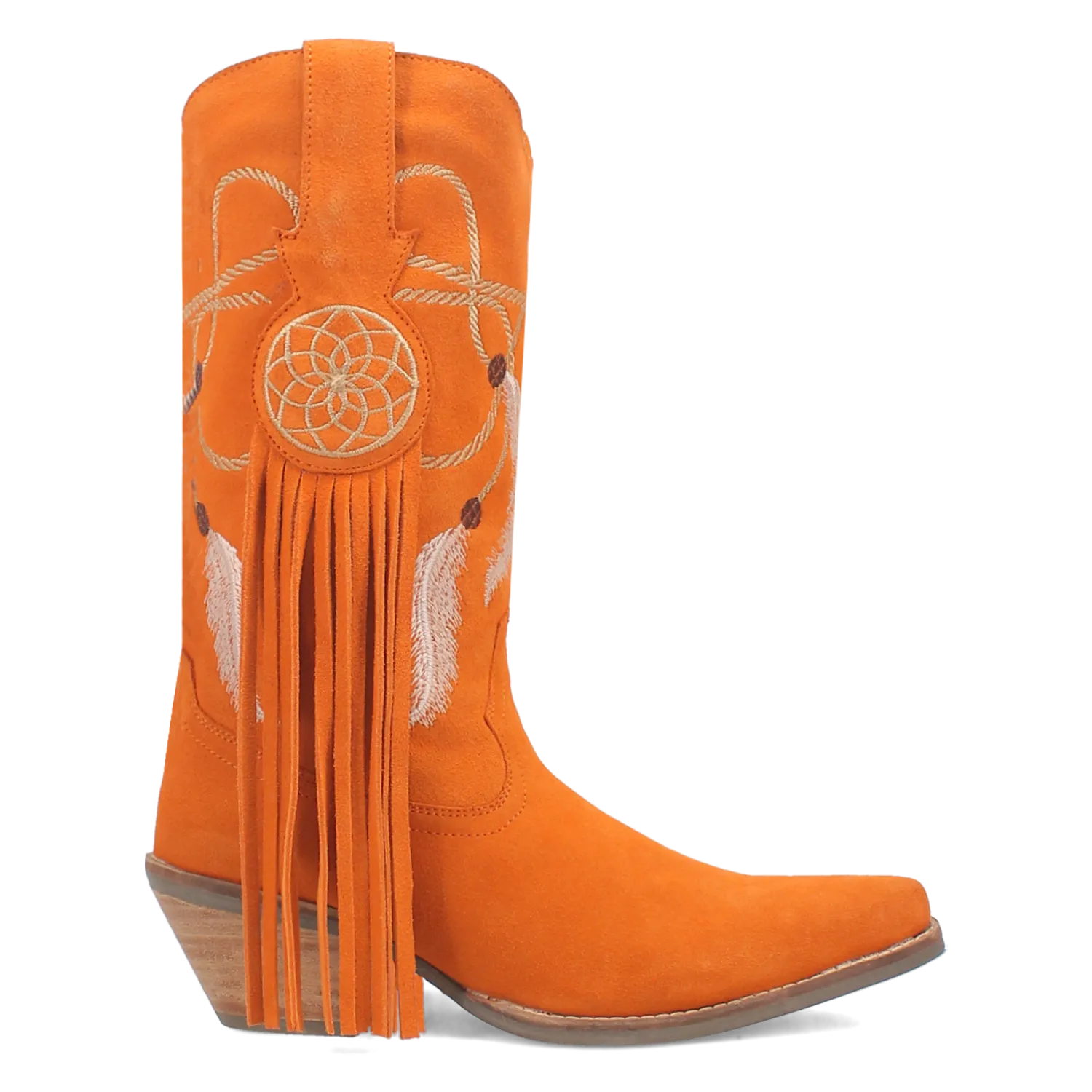 Day Dream Orange Suede Embroidered Dreamcatcher Fringe Booties (DS)