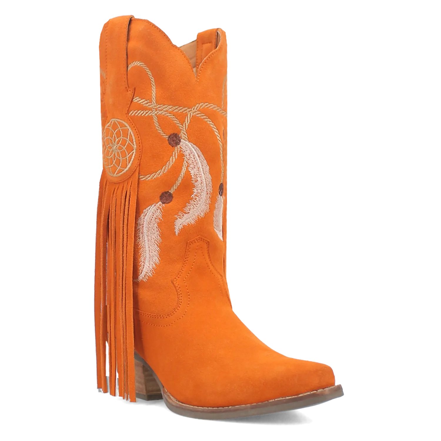 Day Dream Orange Suede Embroidered Dreamcatcher Fringe Booties (DS)