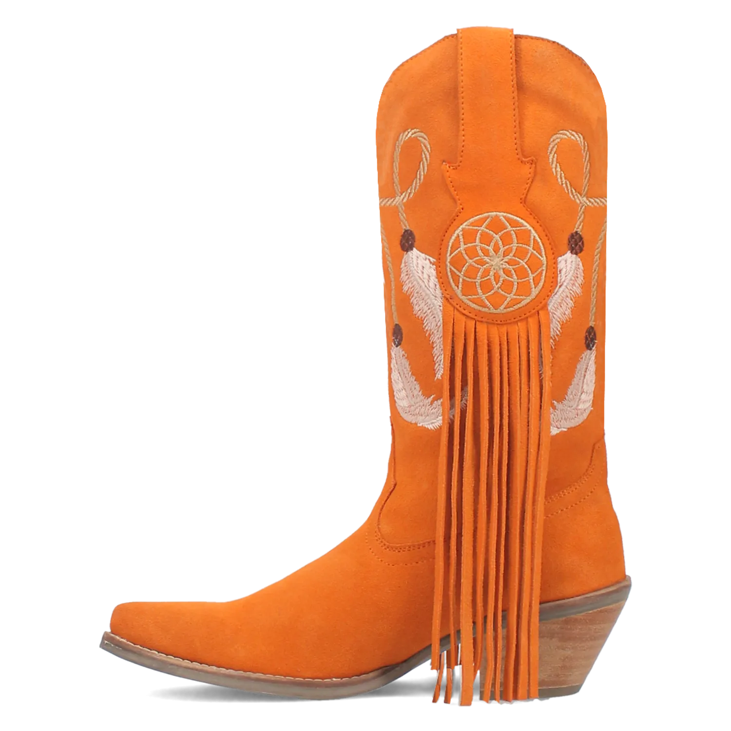 Day Dream Orange Suede Embroidered Dreamcatcher Fringe Booties (DS)