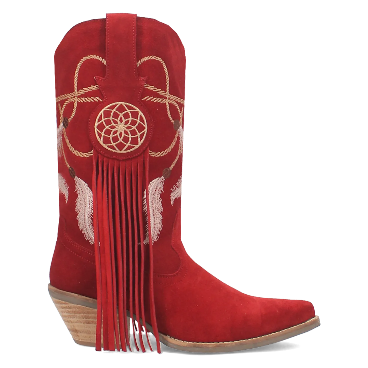 Day Dream Red Suede Embroidered Dreamcatcher Fringe Booties (DS)