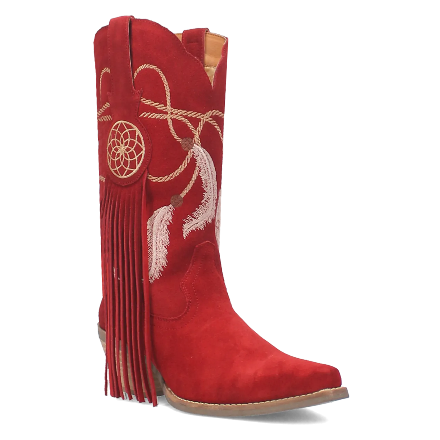 Day Dream Red Suede Embroidered Dreamcatcher Fringe Booties (DS)