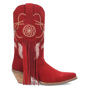 Day Dream Red Suede Embroidered Dreamcatcher Fringe Booties (DS)