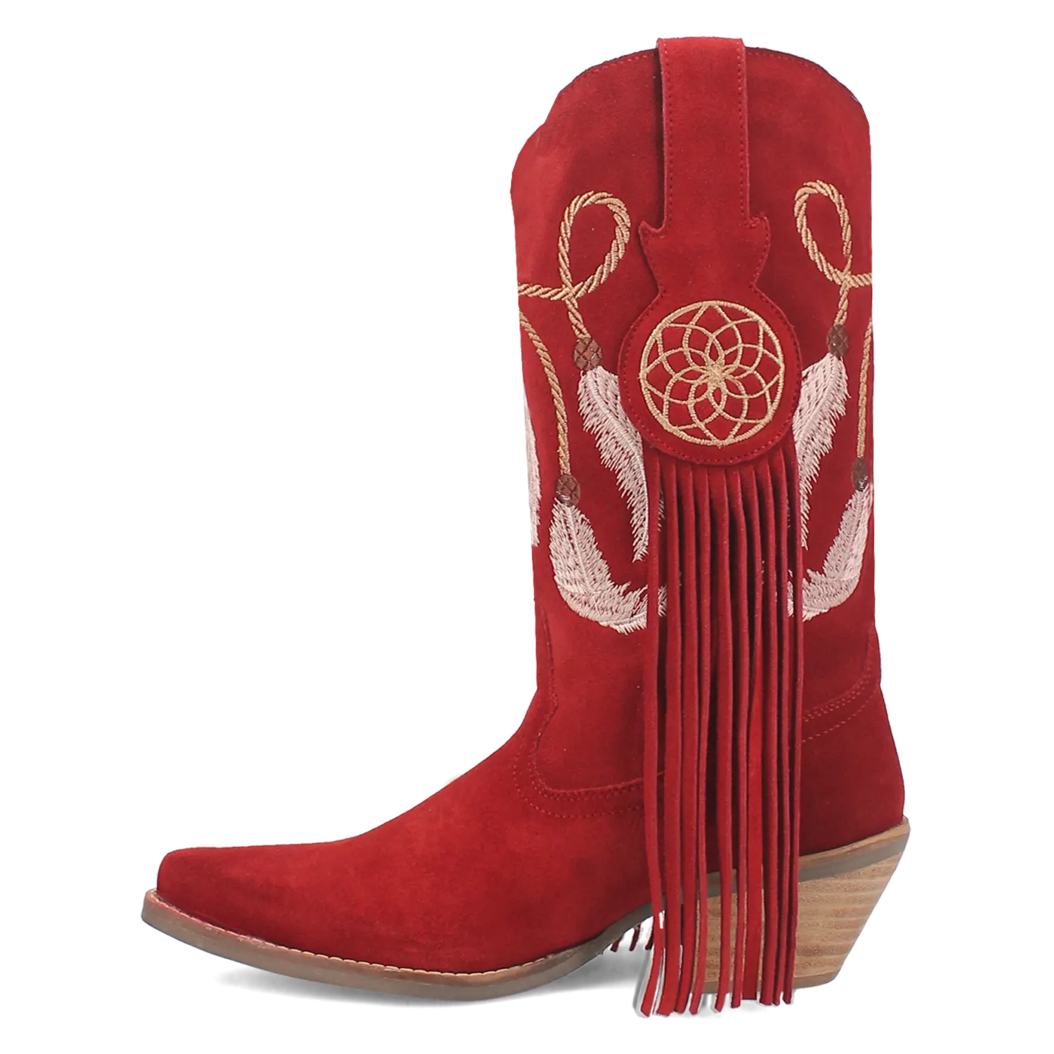 Day Dream Red Suede Embroidered Dreamcatcher Fringe Booties (DS)