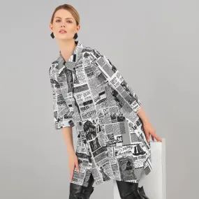 EverSassy Newspaper Print Button Up Longline Blouse - Style 12550