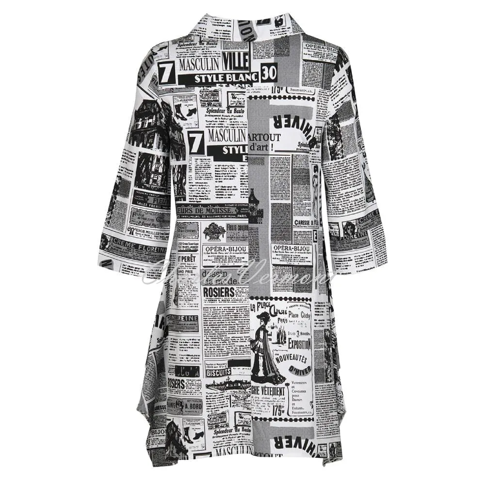 EverSassy Newspaper Print Button Up Longline Blouse - Style 12550