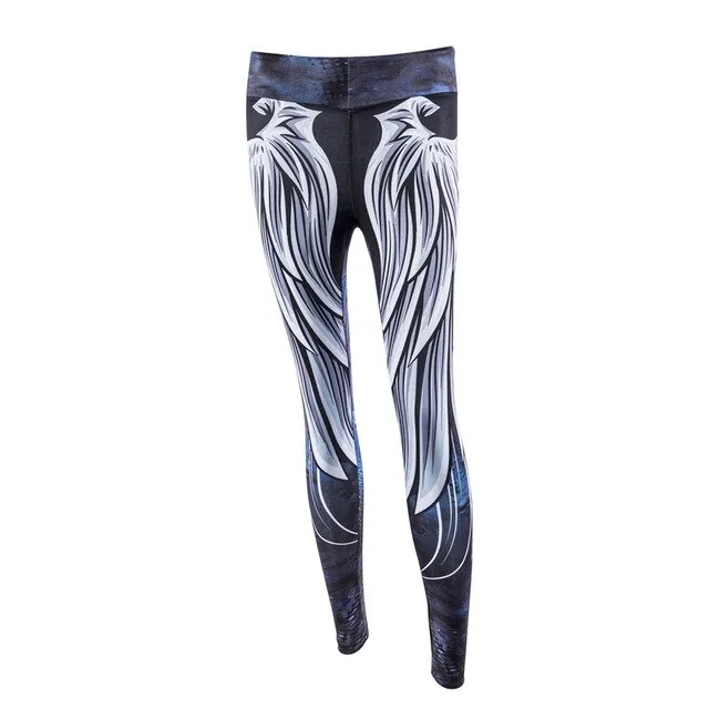 Fitness Women Leggings Workout Mid Waist Elastic Push Up Wing Print Ankle Length Spandex Leggin Casual Femme Leggings