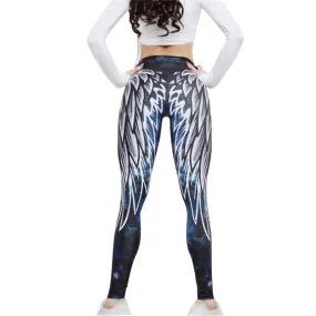 Fitness Women Leggings Workout Mid Waist Elastic Push Up Wing Print Ankle Length Spandex Leggin Casual Femme Leggings