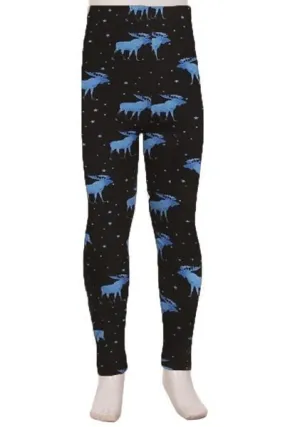 Girls Moose Leggings, Kids Yoga Pants, Sizes S/L, No-Roll Waist, Black/Blue