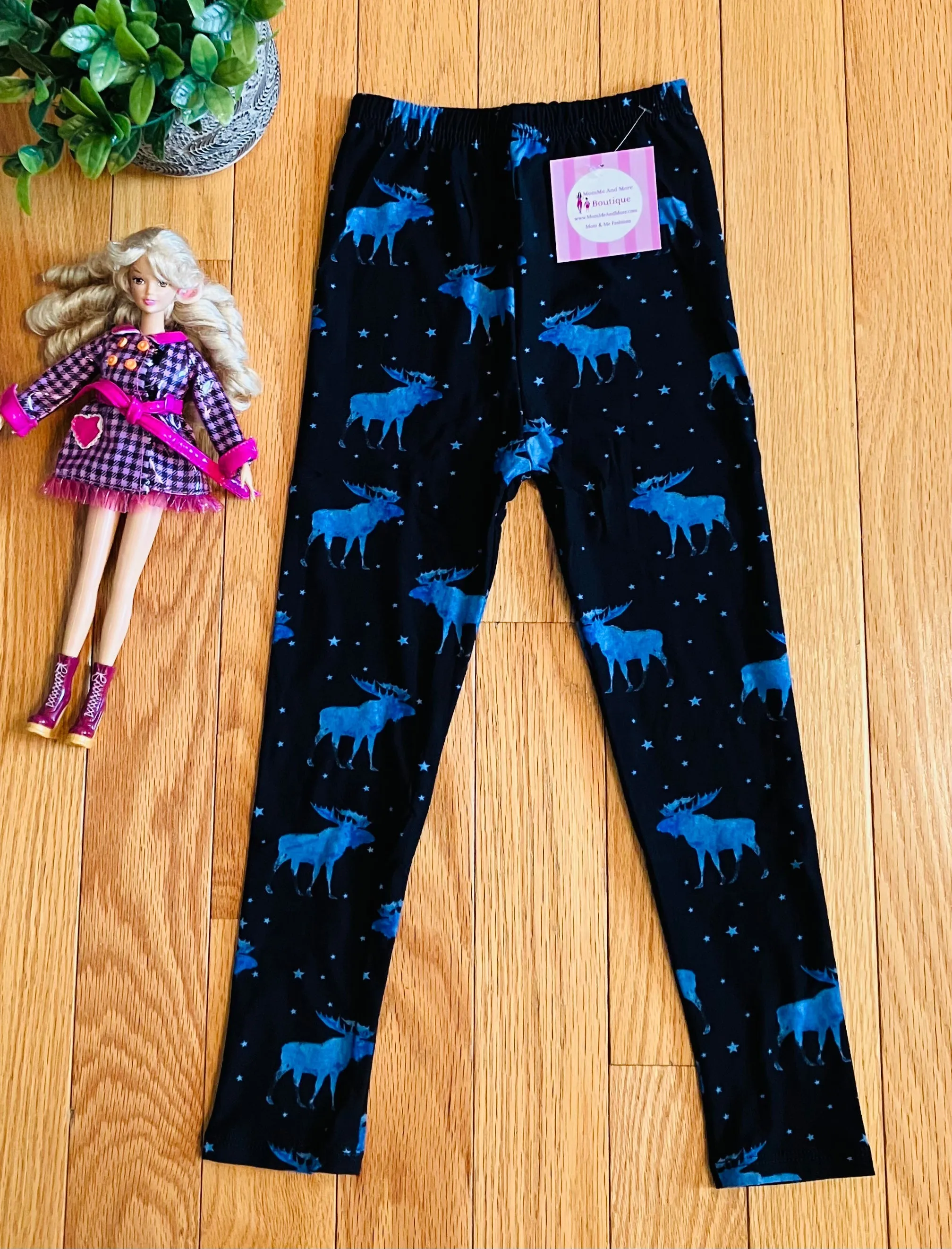 Girls Moose Leggings, Kids Yoga Pants, Sizes S/L, No-Roll Waist, Black/Blue