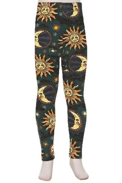 Girls Sun Moon Star Leggings, Kids Yoga Pants, Sizes S/L, No-Roll Waist, Blue/Yellow